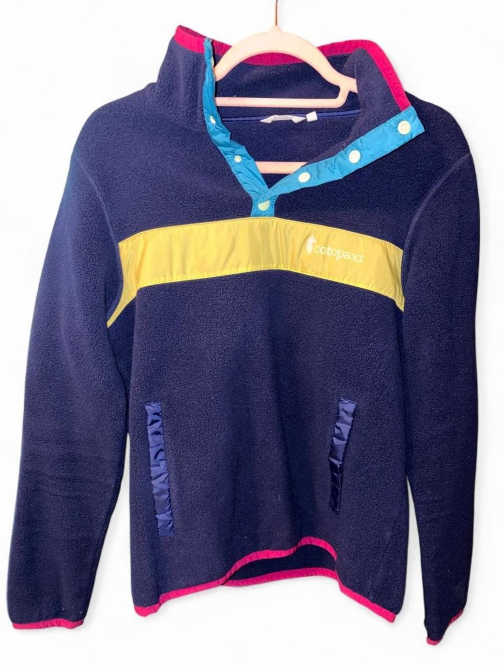 cotopaxi Navy Zip-Up Fleece with Yellow Chest Stripe and Teal Trim